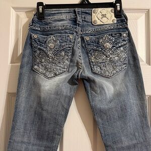 Miss Me Blue Cropped Jeans with Silver Embellishments